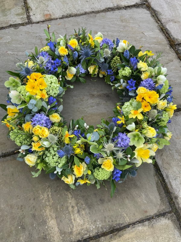Blue and yellow spring wreath
